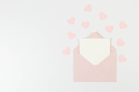 Top view of pink envelope, white card on white background. Valentine's day, pink hearts, love. Post flat lay, copy space.の写真素材