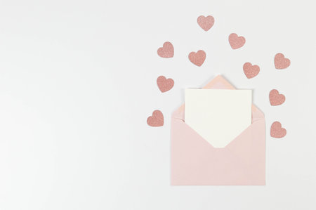 Top view of pink envelope, white card on white background. Valentine's day, pink glitter hearts, love. Post flat lay, copy space.の写真素材