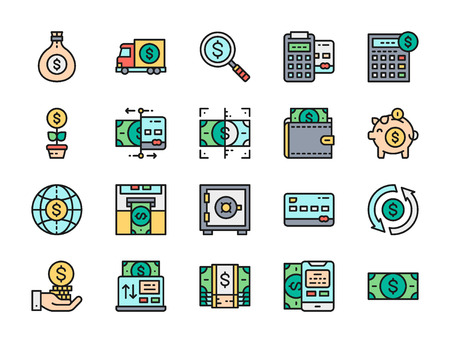Set of money and banking flat color line icons. Credit card, dollar, online payments, currency exchange, invest, ATM, piggy bank, financial investments, terminal, transfer cash and more.のイラスト素材