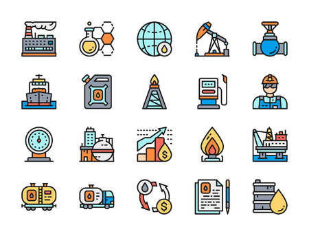 Set of oil and petrol industry flat color line icons. Fuel truck, petroleum wagon, pumping station, gas stove, factory, chemical plant, industrial building, engineer, gasoline, cargo ship, valve and more.のイラスト素材