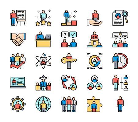 Set of human resources and teamwork flat color line icons. Employee, freelancer, recruitment and hiring, business team, people group, company workers, friendship, recruiting agency, time management, conference, negotiations, handshake, feedback and more.のイラスト素材