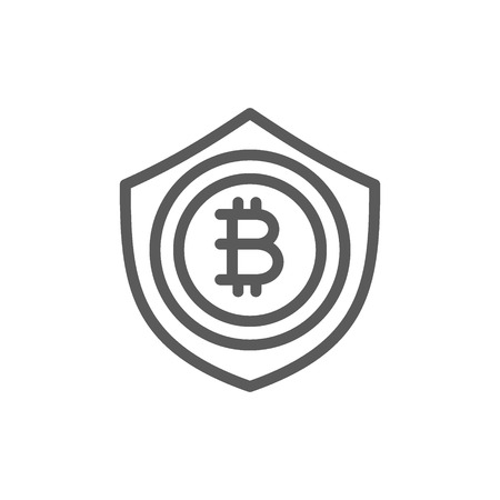 Vector bitcoin coin with shield, protection, blockchain line icon. Symbol and sign illustration design. Isolated on white backgroundのイラスト素材