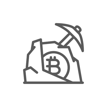 Vector pickaxe with stone bitcoin, blockchain, cryptocurrency line icon. Symbol and sign illustration design. Isolated on white backgroundのイラスト素材