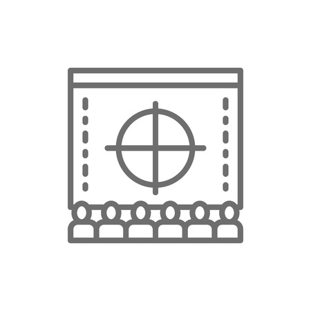 Vector cinema screen with audience, movie rental in cinema, premiere line icon. Symbol and sign illustration design. Isolated on white backgroundのイラスト素材