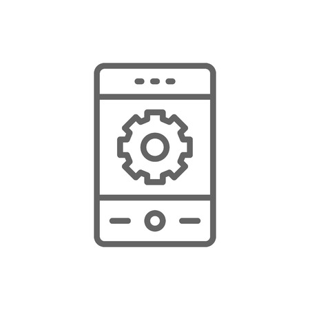 Vector phone with gear, smartphone repair, mobile development line icon. Symbol and sign illustration design. Isolated on white backgroundのイラスト素材