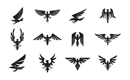 Set of black heraldic eagle symbols on white background.のイラスト素材