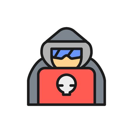 Vector computer hacker with laptop, spy agent flat color line icon. Symbol and sign illustration design. Isolated on white backgroundのイラスト素材