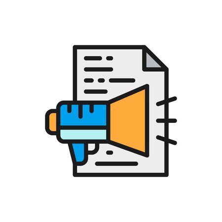 Vector advertisement text, announcement, document with loudspeaker flat color icon. Symbol and sign illustration design. Isolated on white backgroundのイラスト素材