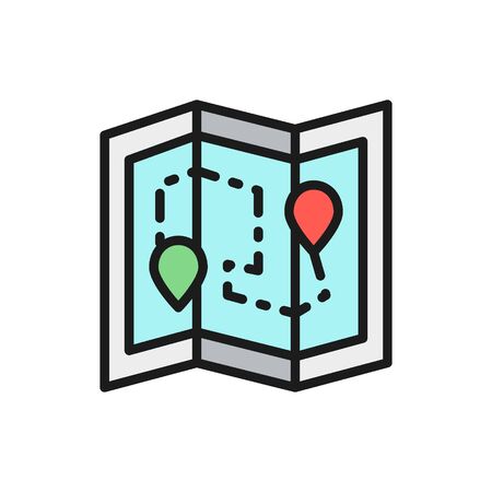 Vector map with location pin, delivery package route, logistics flat color icon. Symbol and sign illustration design. Isolated on white backgroundのイラスト素材