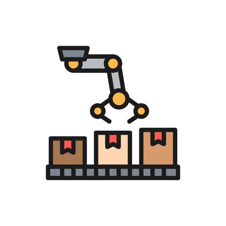 Robotic arm on packing conveyor, production line flat color icon.のイラスト素材