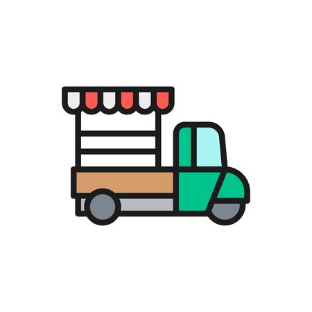 Fast food truck flat color line icon. Isolated on white backgroundのイラスト素材
