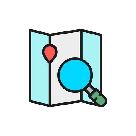 Vector map under a magnifying glass, navigationl flat color line icon. Symbol and sign illustration design. Isolated on white backgroundのイラスト素材
