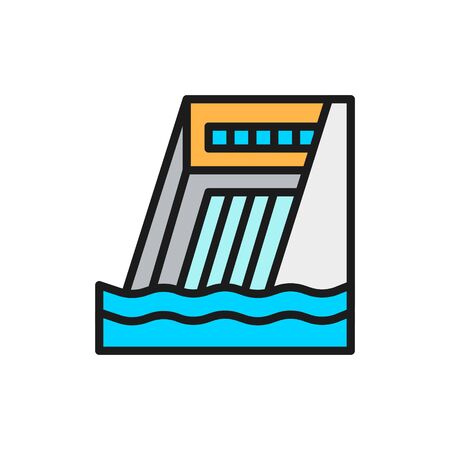 Vector water dam, hydro power plant, hydroelectric station flat color line icon. Symbol and sign illustration design. Isolated on white backgroundのイラスト素材