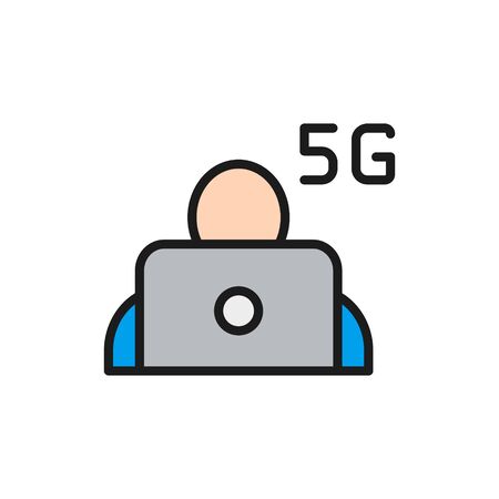 Vector man at laptop with 5G internet flat color line icon. Symbol and sign illustration design. Isolated on white backgroundのイラスト素材