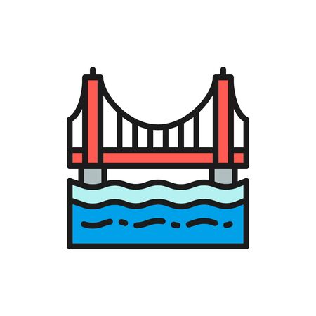 Vector Golden Gate Bridge, San Francisco, USA flat color line icon. Symbol and sign illustration design. Isolated on white backgroundのイラスト素材