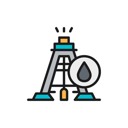 Industrial drilling rig tower platform, oil fuel equipment flat color line icon.のイラスト素材