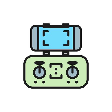 Vector mobile control panel for drone, remote controller, gamepad flat color line icon. Symbol and...