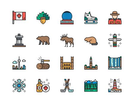 Set of Canadian Culture Color Line Icons. Sports Equipment, Police, Elk and moreのイラスト素材