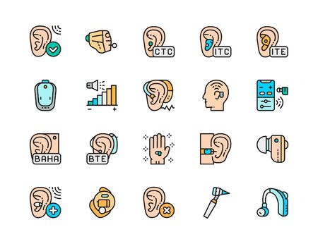 Set of Hearing Aid Color Icons. Ear Canal, Volume Control, Headphones and more.のイラスト素材