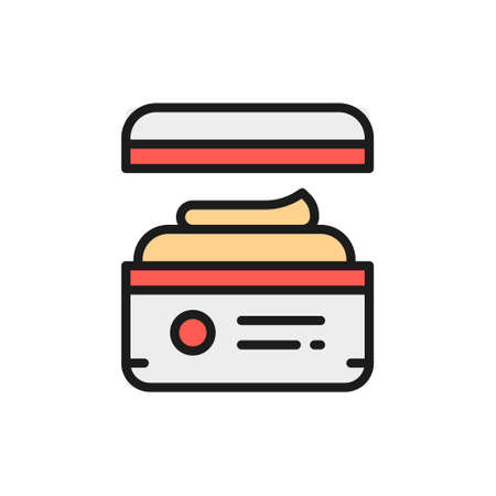 Round jar with lid for cosmetics, body cream, scrub flat color line icon.のイラスト素材