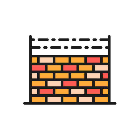 Fence with barbed wire, prison wall flat color line icon.のイラスト素材
