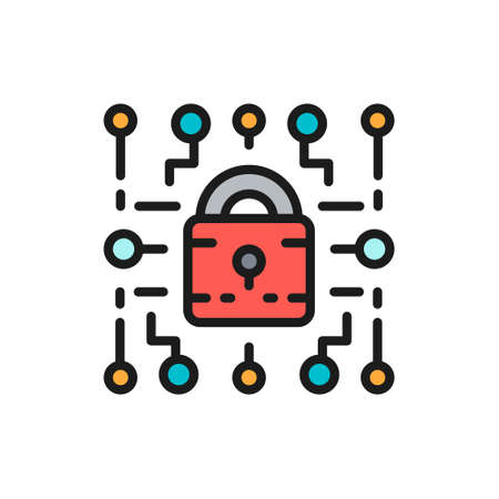 Cyber lock, web security, cryptography flat color line icon.のイラスト素材
