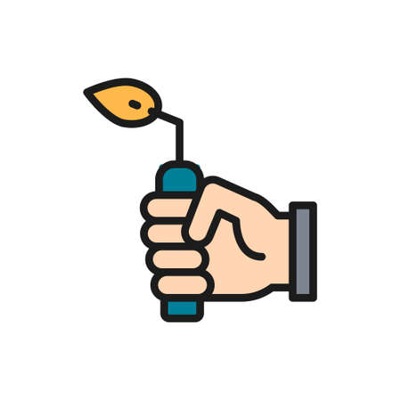 Hand with blow torch, device for gas welding works flat color line icon.のイラスト素材