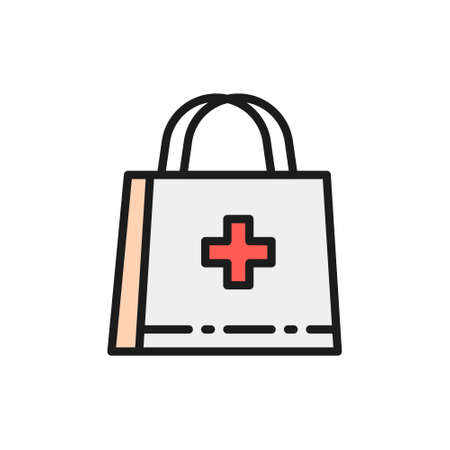 First aid kit, doctor bag, medical briefcase flat color line icon.のイラスト素材