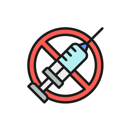 Forbidden sign with syringe, no vaccination, no injection flat color line icon.のイラスト素材