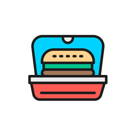 Burger in packing, fast food takeaway flat color line icon.のイラスト素材