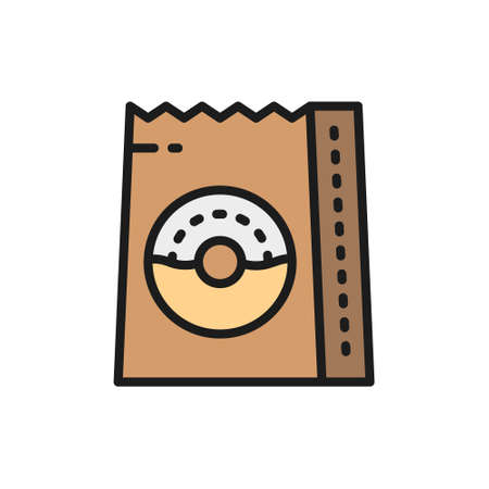 Donuts in bag, food package, takeaway flat color line icon.のイラスト素材