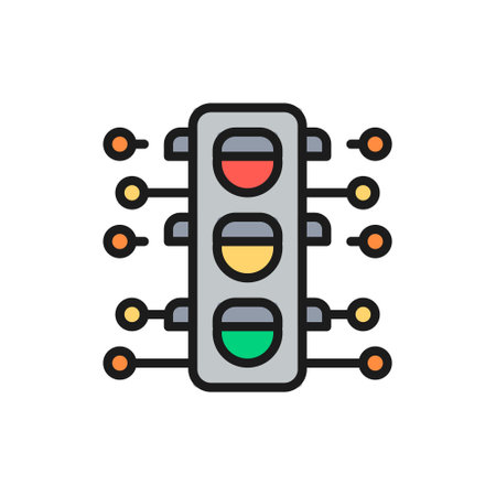 Smart traffic light flat color line icon. Isolated on white backgroundのイラスト素材