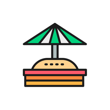 Sandbox with umbrella for children flat color line icon.のイラスト素材