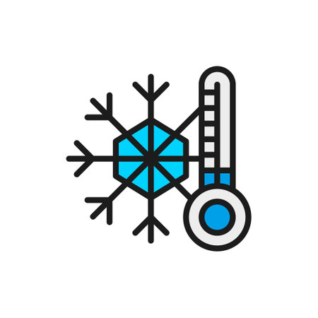 Snowflake with a thermometer, low temperature, frost flat color line icon.のイラスト素材