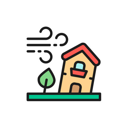 Power wind, windstorm, catastrophe, natural disaster flat color line icon.のイラスト素材