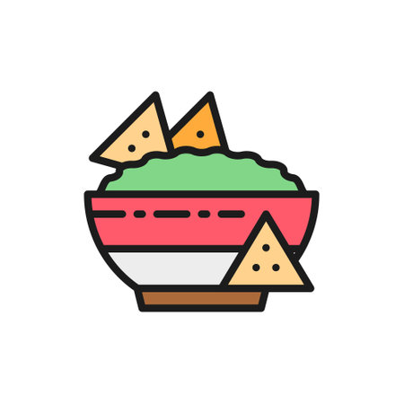 Nachos, mexican fast food, guacamole, chili dish flat color line icon.のイラスト素材