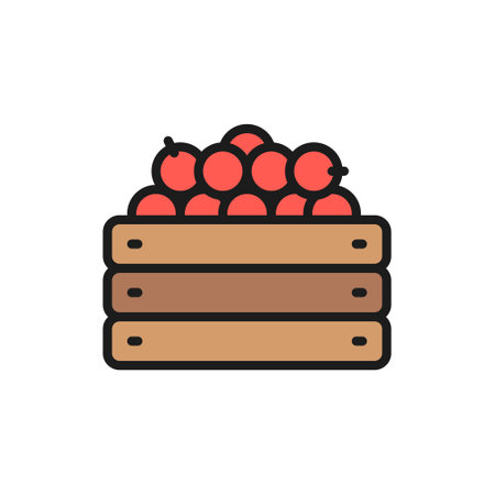 Wooden box with fresh vegetables, garden harvest flat color line icon.のイラスト素材