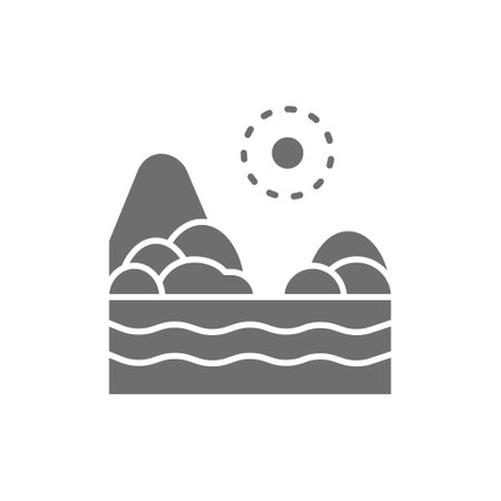 Sand beach with sea, brazilian landscape grey icon.のイラスト素材