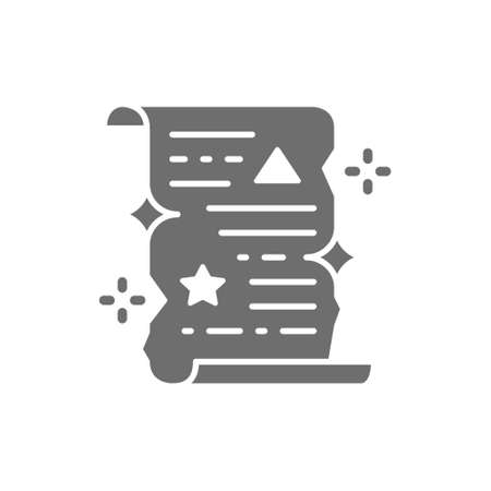 Magic spell scroll, unrolled paper certificate grey icon.のイラスト素材