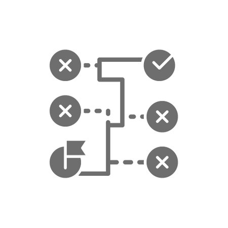 Correct solution, labyrinth, algorithm, coding block schemes grey icon.のイラスト素材