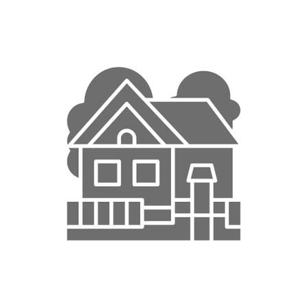 Vector country house, cottage landscape grey icon.のイラスト素材