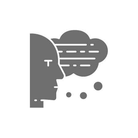 Man with speech bubbles, thoughts, conversation, voice recognition grey icon.のイラスト素材