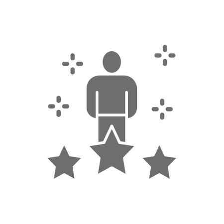 Human with big stars, worker rating, assessment, feedback grey icon.