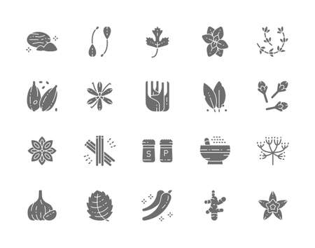 Set of Spice Grey Icons. Nutmeg, Capers, Parsley, Oregano, Cardamom and more.のイラスト素材