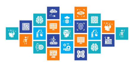 Artificial Intelligence flat design web banner. Robotics, Chatbot, Database, Big Data line icons isolated on white background.のイラスト素材