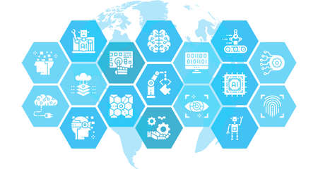 Artificial Intelligence thin icons vector illustration. Robotics, Chatbot, Database, Big Data design...