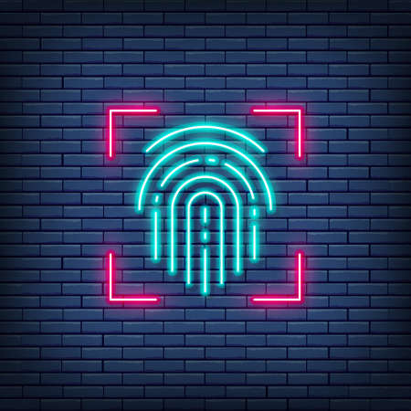 Fingerprint, scanned finger, cryptographic signature, identity neon sign.のイラスト素材
