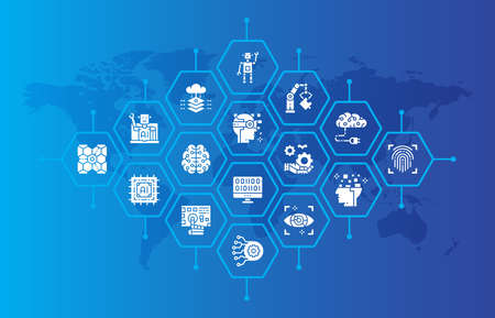 Artificial Intelligence banner. Robotics, Chatbot, Database, Big Data illustration for web page banner or presentation.のイラスト素材