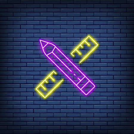 Vector pencil and ruler, project, art neon sign.のイラスト素材