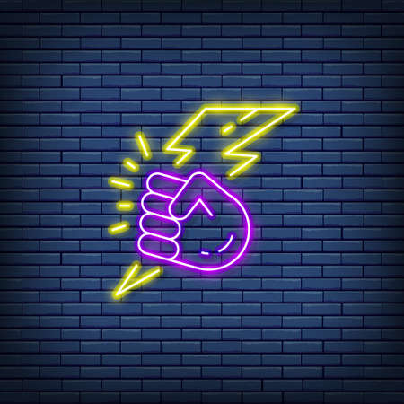 Vector hand with lightning, power neon sign.のイラスト素材